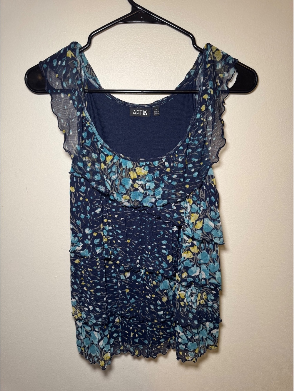 Apt 9. Blue Green Splatter Floral Blouse Tank Ruffle Size Small PTP 18 GC